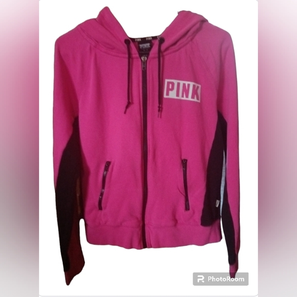 PINK VS Full Zip Up Colorblock Hoodie Hot Pink, Black & White - Picture 3 of 6